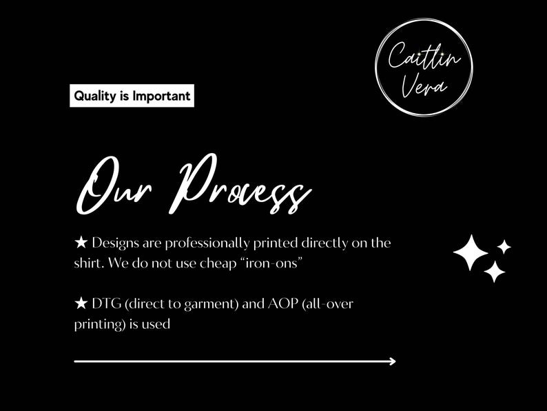 May include: Black graphic with white text that reads "Quality is Important" and "Our Process". The text describes the printing process, including DTG and AOP methods. The image also includes the name "Caitlin Vera".