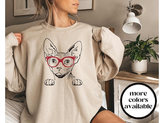 Sphynx Cat Sweatshirt, Sphynx Cat Sweater, Sphynx Cat Shirt, Hipster Hairless Cat Hoodie, Glasses Nerdy Unisex Crewneck Sweater, Mom Shirt