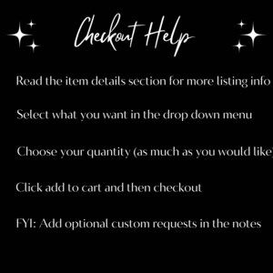 May include: Checkout Help: A five-step guide for purchasing items online. The steps include reading item details, selecting options, choosing quantity, adding to cart, and adding custom requests.