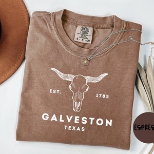 May include: Espresso-colored t-shirt with a white graphic of a longhorn skull and the text "GALVESTON TEXAS". The shirt also features the text "EST. 1785". A silver necklace with a pendant is on the shirt.