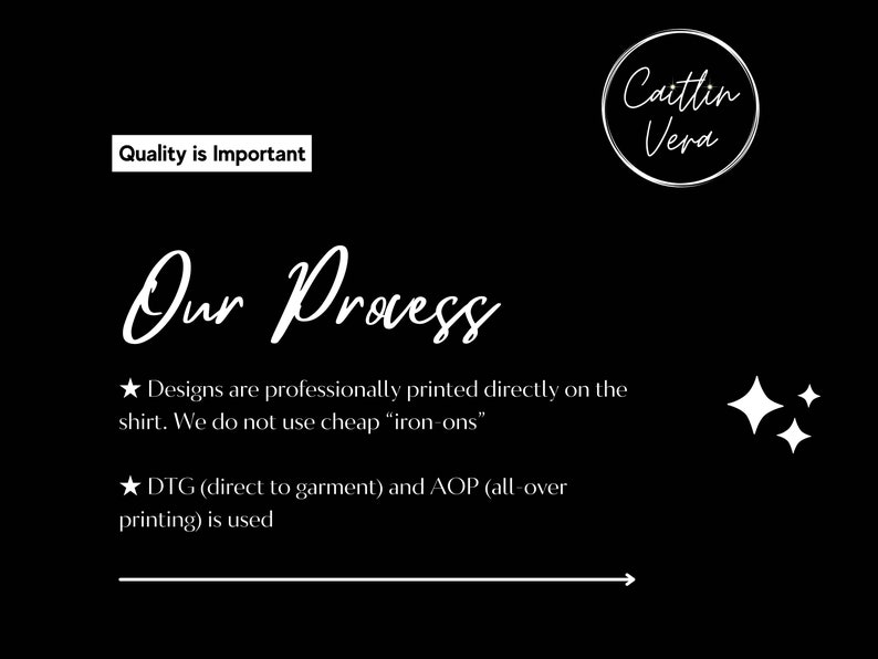 May include: Black background with white text that reads "Quality is Important" and "Our Process". The text explains the printing process, including DTG and AOP methods. The image also features the name "Caitlin Vera" in a circular design.