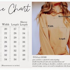 May include: Size chart for a hoodie with measurements in inches for width, length, and sleeve length. The chart shows sizes from S to 5XL. The hoodie is a light brown color. The text "Gildan 18500" is at the bottom of the chart with a description of the hoodie.