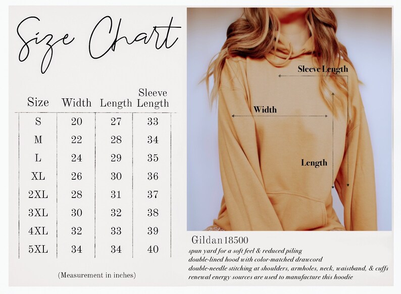 May include: Size chart for a hoodie with measurements in inches for width, length, and sleeve length. The chart shows sizes from S to 5XL. The hoodie is a light brown color. The text "Gildan 18500" is at the bottom of the chart with a description of the hoodie.