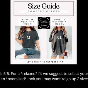 May include: Size guide graphic with the text "Size Guide COMFORT COLORS." Two models wearing grey t-shirts, one size M and one size XL. The text "LET'S PICK THE PERFECT FIT" is also included.