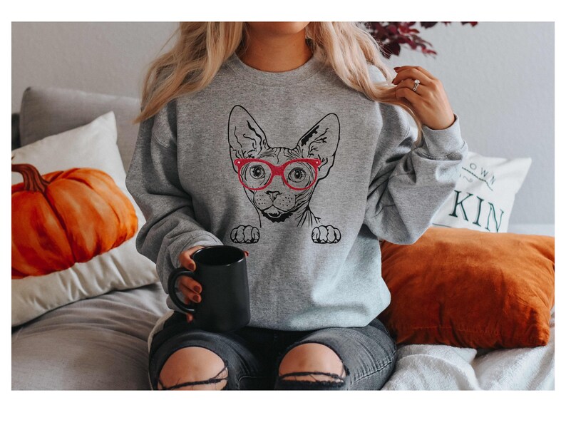 May include: A gray sweatshirt with a black and white illustration of a Sphynx cat wearing red glasses. The cat is peeking over the top of the sweatshirt.