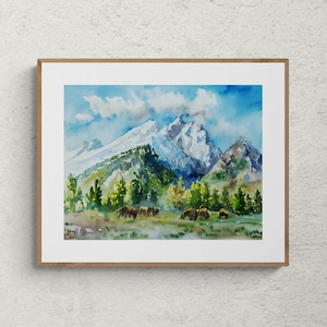 Grand Teton National Park Watercolor Print: Wyoming Mountain Landscape Wall Art