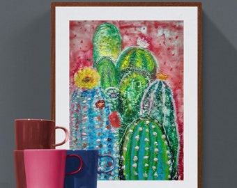 Pintura de cactus, suculentas en flor, arte floral abstracto, pintura sobre lienzo con cera de abeja