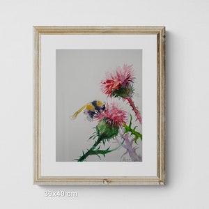 Thistle watercolor print Artwork Floral Painting Honeybee Scottish Thistle Art print by Ann Krasikova