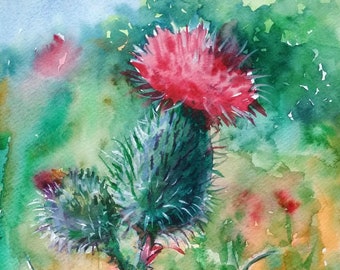 Thistle Painting Original Artwork Floral Painting Scottish Thistle Small Art by Ann Krasikova