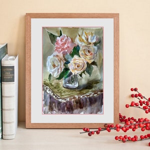 White Roses Painting Original Watercolor Art Floral Wall Art Flowers Artwork Pink Roses Painting