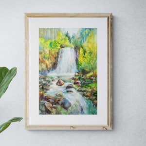 Waterfall Landscape Art Print: Original Watercolor Painting
