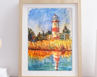 灯台オリジナル絵画水彩画、灯台の絵画、水彩画灯台、Pinetreeart