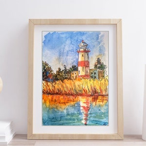 Original Lighthouse Watercolor Painting: Landscape Art Decor (7x10 in)