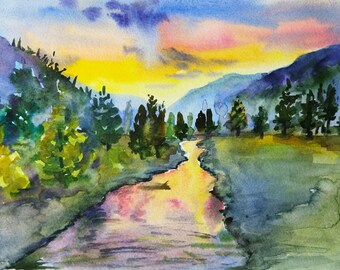 Pintura del Parque Nacional de Yellowstone: Paisaje original en acuarela (30 x 21 cm)