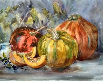 Original Watercolor Pumpkin Painting | Fall Wall Art Decor