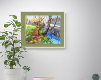風景画 水彩画 川 アート 木々 オリジナル絵画 - Etsy 日本