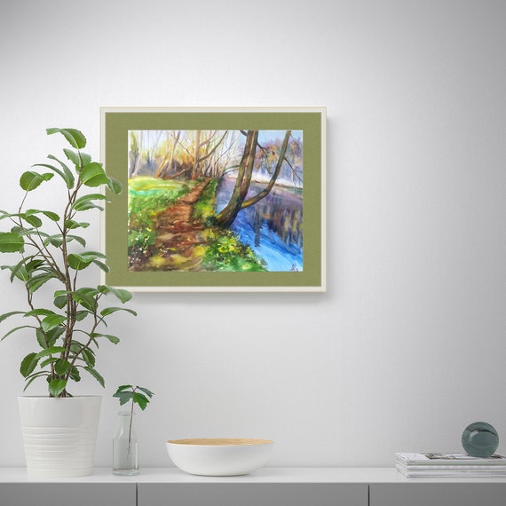 風景画 水彩画 川 アート 木々 オリジナル絵画 - Etsy 日本