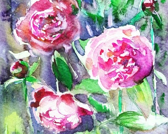 Original rosa Pfingstrosen Aquarell Malerei: Blumen Wandbild (23x18,5 cm)