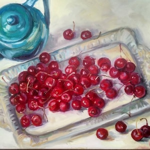Original Cherry Oil Painting on Canvas: Still Life Kitchen Art (12x16)