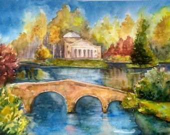 秋の湖の水彩画9x12、風景の風景オリジナルの手描きの水彩画、素朴な