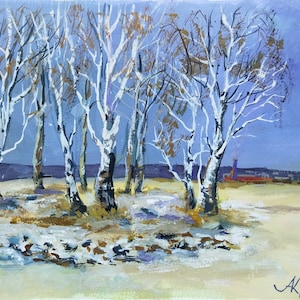 Pintura original en gouache de abedul: arte paisajístico hecho a mano (28 x 38 cm)