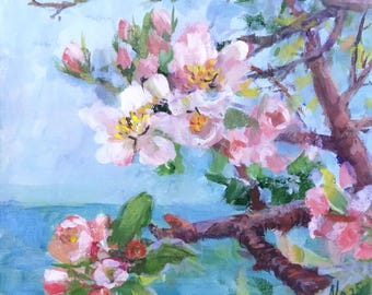 Målning av äppelblommor: Vårblommor Original gouachekonstverk, 20 x 20 cm