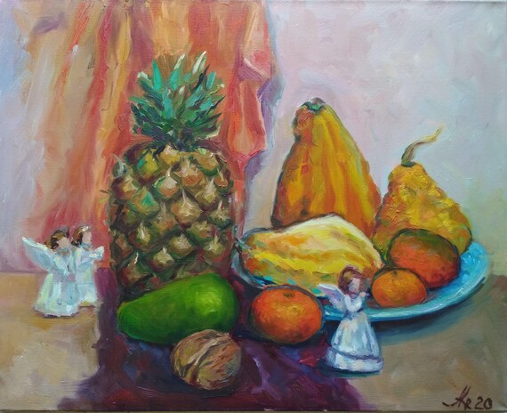 オリジナル油絵静物画、パイナップルの絵キッチンの壁アート