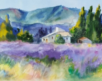 プロヴァンスのラベンダー畑の水彩画：フランスの風景画（8.3x11.4