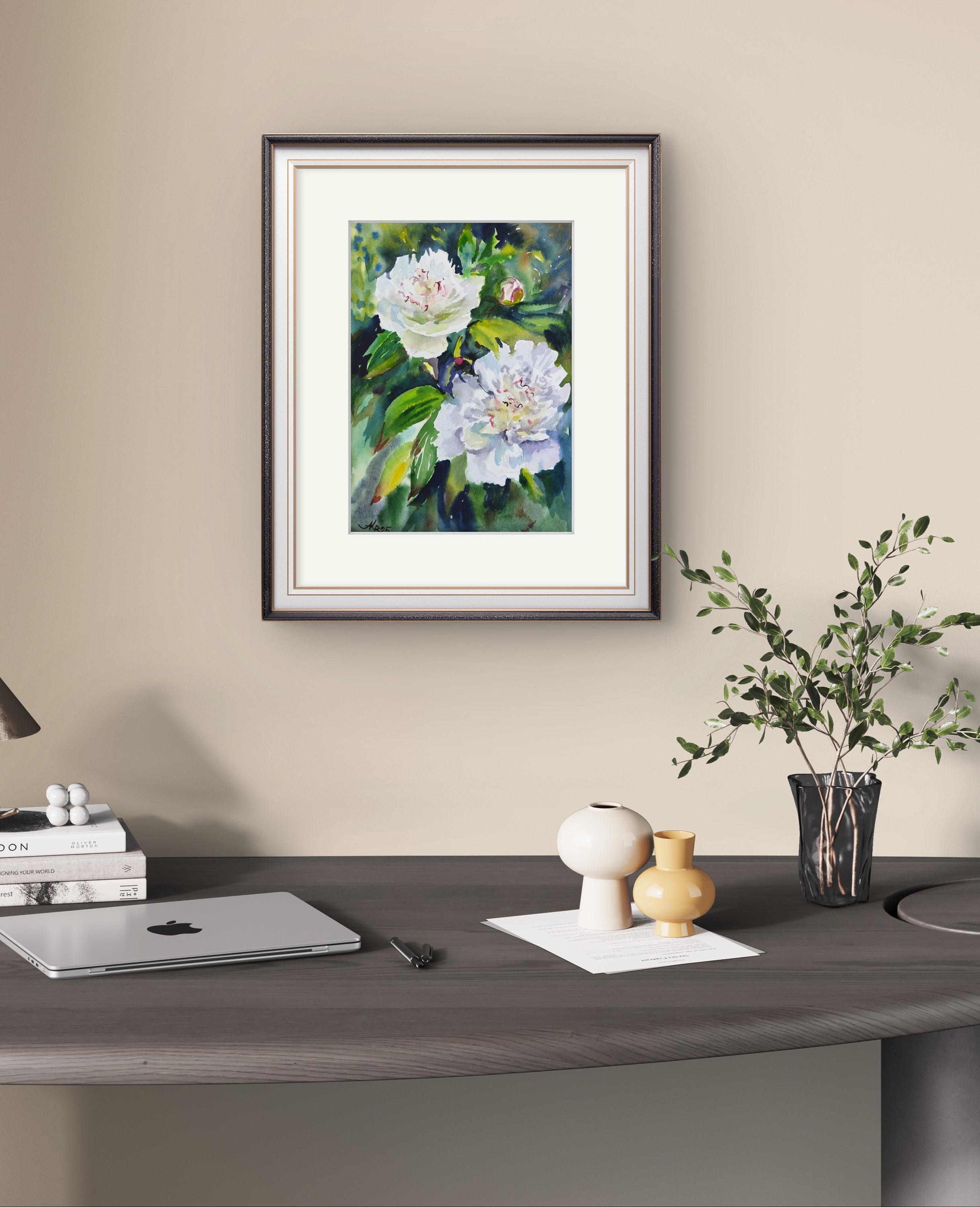 オリジナルの白い牡丹の水彩画：花のアートワーク 8x10インチ - Etsy 日本