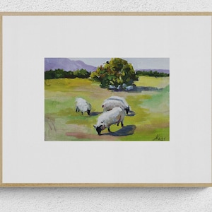 Scotland Painting SHEEP  Art Print - Sheep Gouache Painting Print - Countryside Original Gouache Art Painting - Spring Sheep Art