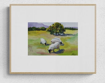 Scotland Painting SHEEP  Art Print - Sheep Gouache Painting Print - Countryside Original Gouache Art Painting - Spring Sheep Art