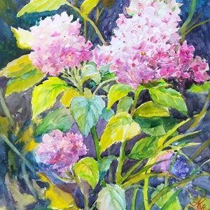 Original Aquarell rosa Hortensien: Blumenbild (30x40 cm)