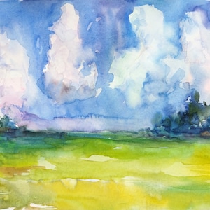 Cloudy landscape painting, Original watercolor sky wall art, Nature landscape art