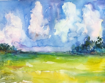 Cloudy landscape painting, Original watercolor sky wall art, Nature landscape art