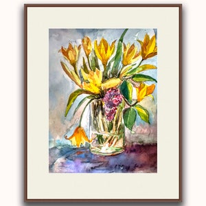 Yellow tulips Flowers bouquet painting Original watercolor Floral artwork