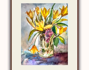 花の絵画、花の水彩画、花瓶の絵画、花の抽象画、オリジナル絵画
