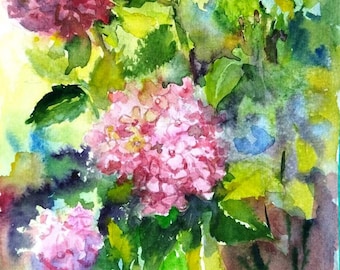 Art floral aquarelle original d'hortensias roses (9 x 7 pouces)