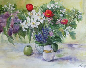 Still life painting, Watercolor still life, Daffodil flower painting, Original watercolor