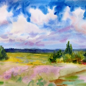 Acquerello originale del paesaggio, Paesaggio estivo con cielo e nuvole, Dipinto del paesaggio di campagna,
