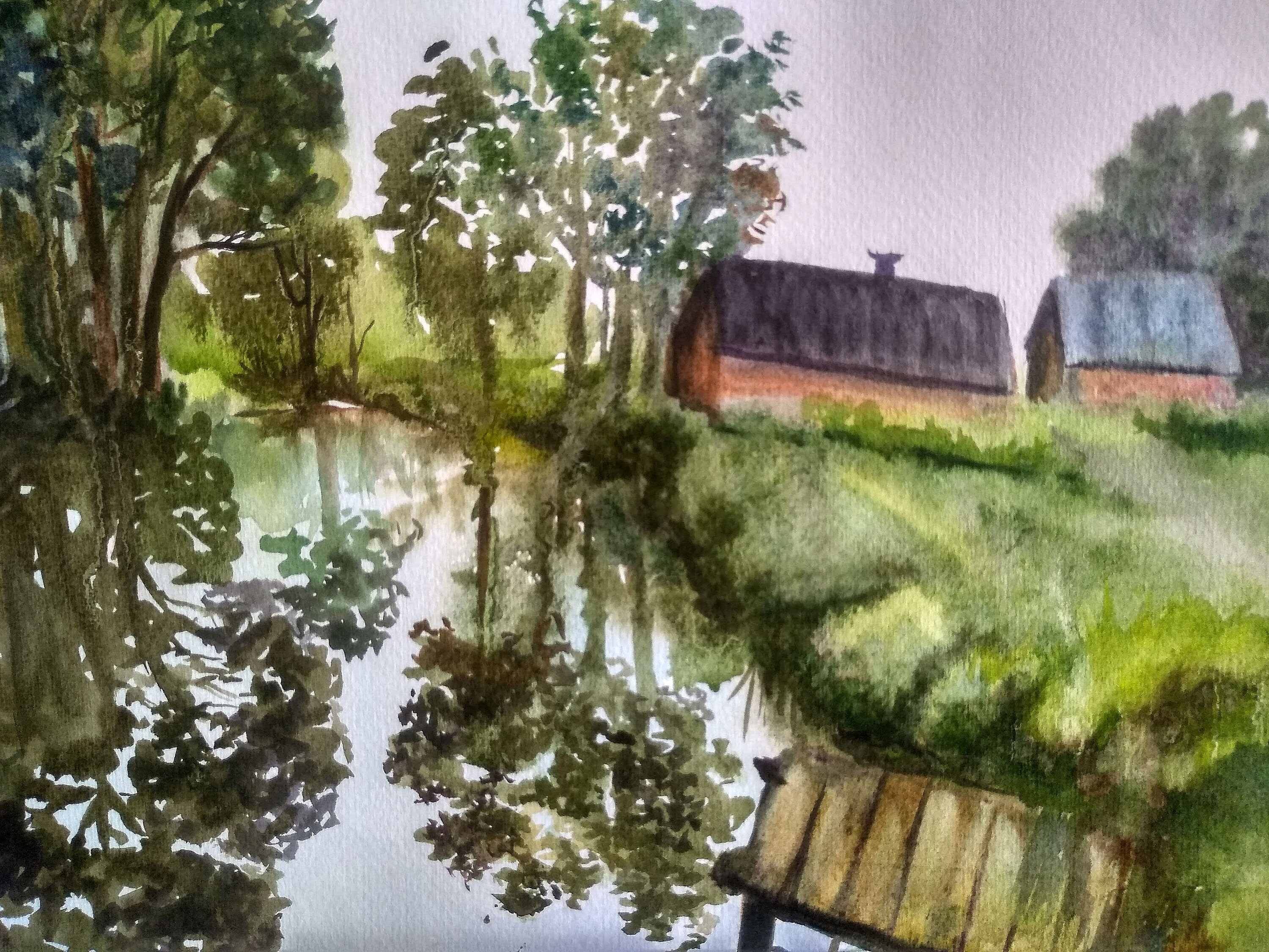 額縁付き日本田舎風景画    水彩画 田舎の風景画、オリジナルの川の水彩画、田舎の風景画 - Etsy 日本