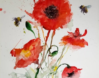 Red Poppy Watercolor Painting: Floral Wall Art (33x23 Inch)