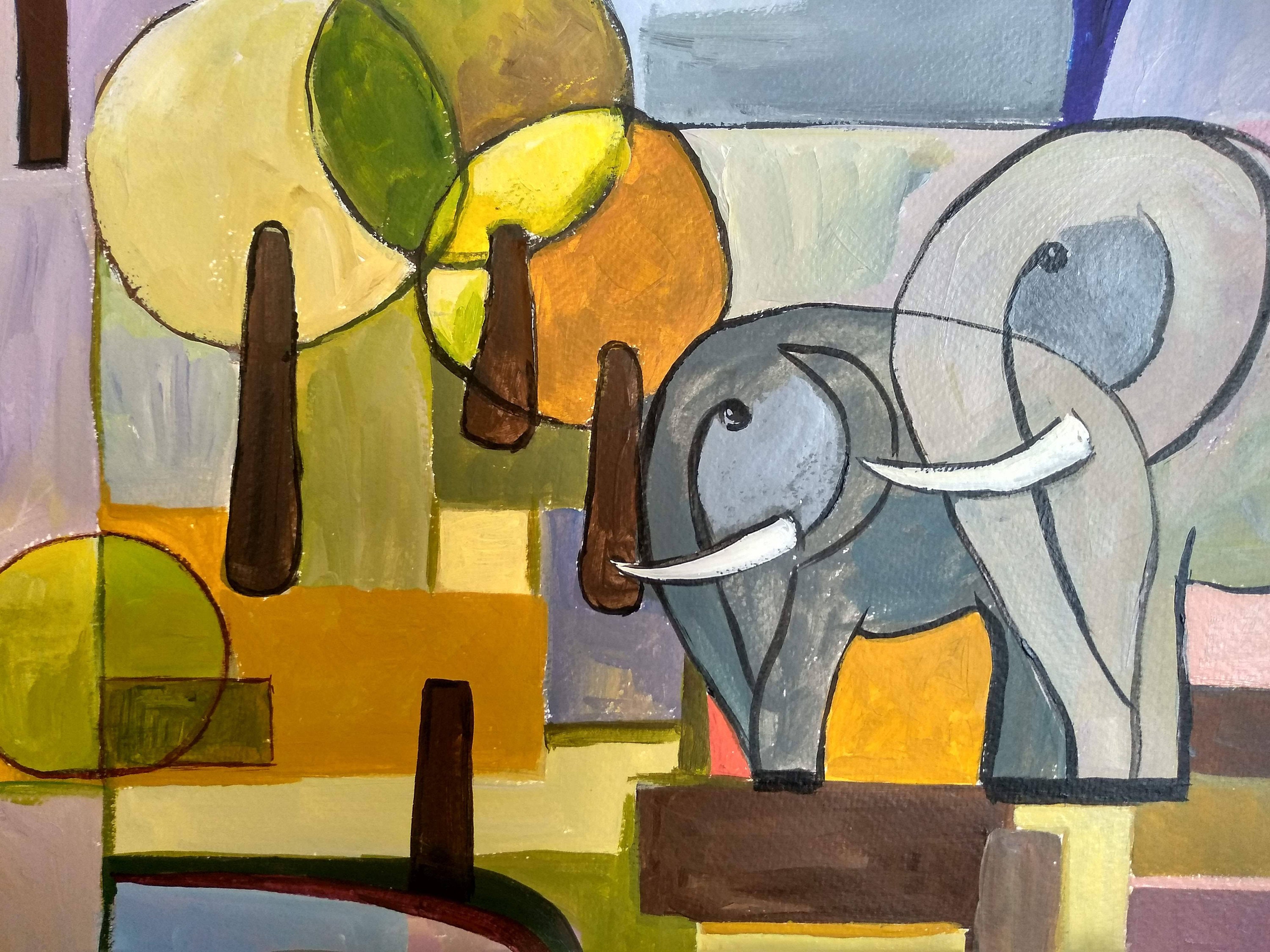 抽象的な象の絵画：2頭の象、紙にアクリル、12x16インチ - Etsy 日本, image size:3000x2250