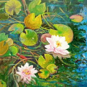 Water Lily Oil Painting: Monet Pond Landscape Artwork (12x16)