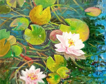 油絵 絵画【蓮の池】 睡蓮の油絵：モネの池のアート、花の壁飾り（8x12）NatalyArtUa作