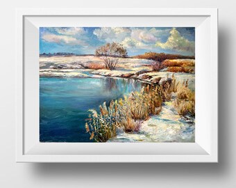 冬の風景画 川 オリジナル 14インチ x 18インチ - 雪景色 フランス