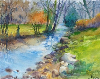 川の風景、風景画、水彩画、風景の風景、川の絵、川、川の反射、水彩画