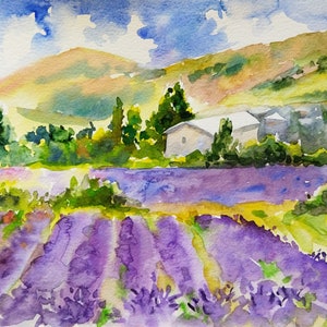 LAVENDER FIELD Art Print - Watercolor landscape  Print - Lavender Field Wall art