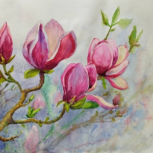 Original Magnolia Watercolor Painting: Pink Floral Wall Art (15.6x19.5)