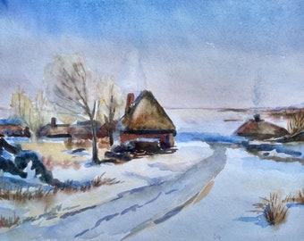 Peinture neigeuse d’aquarelle de village, peinture de paysage d’hiver, décor vivant de mur de poom