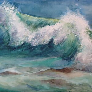 Pintura de acuarela de olas del océano: arte mural marino original (40,6 x 49,5 cm)